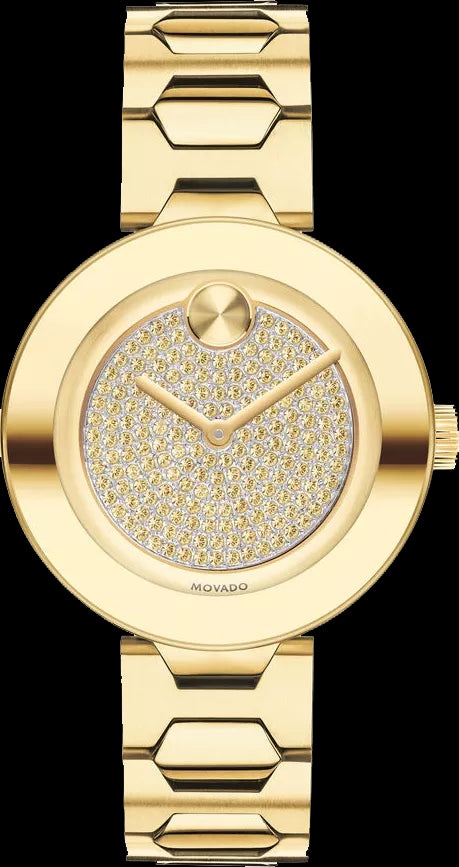 Shop Authentic Movado Bold Crystal Gold Dial Gold Steel Strap Watch For Women - 3600492 - Luxxuri