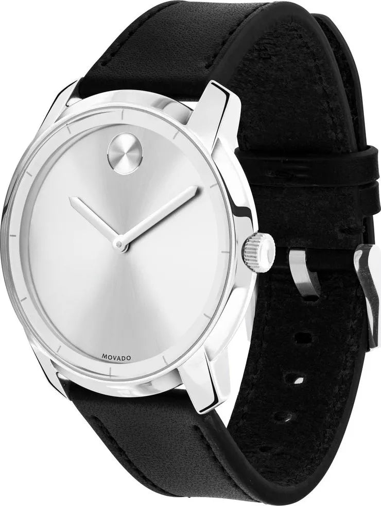  Shop Authentic Movado Bold Silver Dial Black Leather Strap Watch For Men - 3600468 - Luxxuri