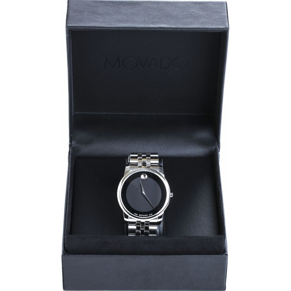  Shop Authentic Movado Museum Classic Black Dial Silver Steel Strap Watch For Men - 606504 - Luxxuri