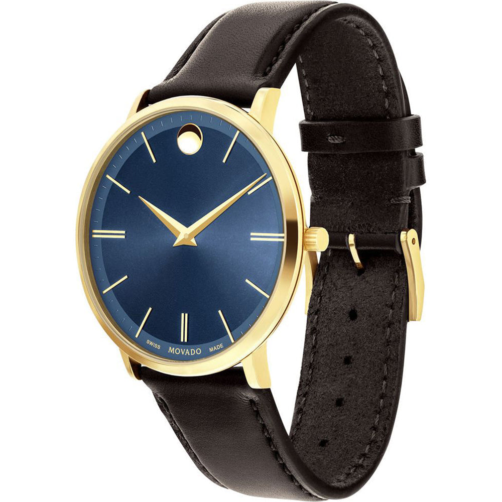  Shop Authentic Movado Ultra Slim Blue Dial Brown Leather Strap Watch For Men - 0607088 - Luxxuri