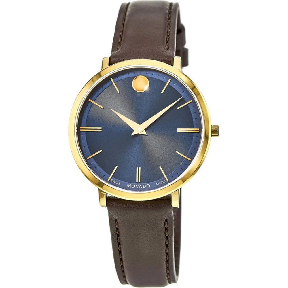  Shop Authentic Movado Ultra Slim Blue Dial Brown Leather Strap Watch For Men - 0607088 - Luxxuri