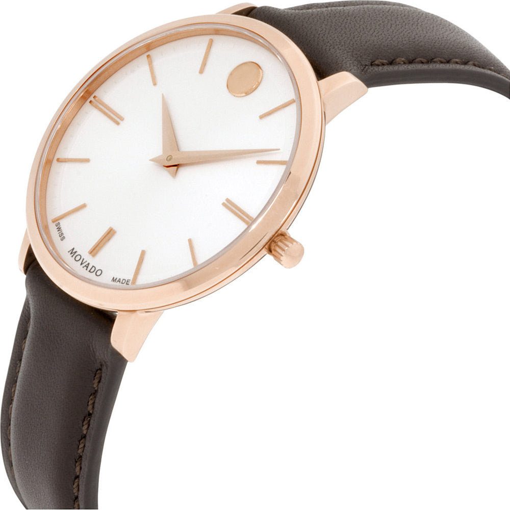  Shop Authentic Movado Ultra Slim Silver Dial Brown Leather Strap Watch For Women - 0607093 - Luxxuri