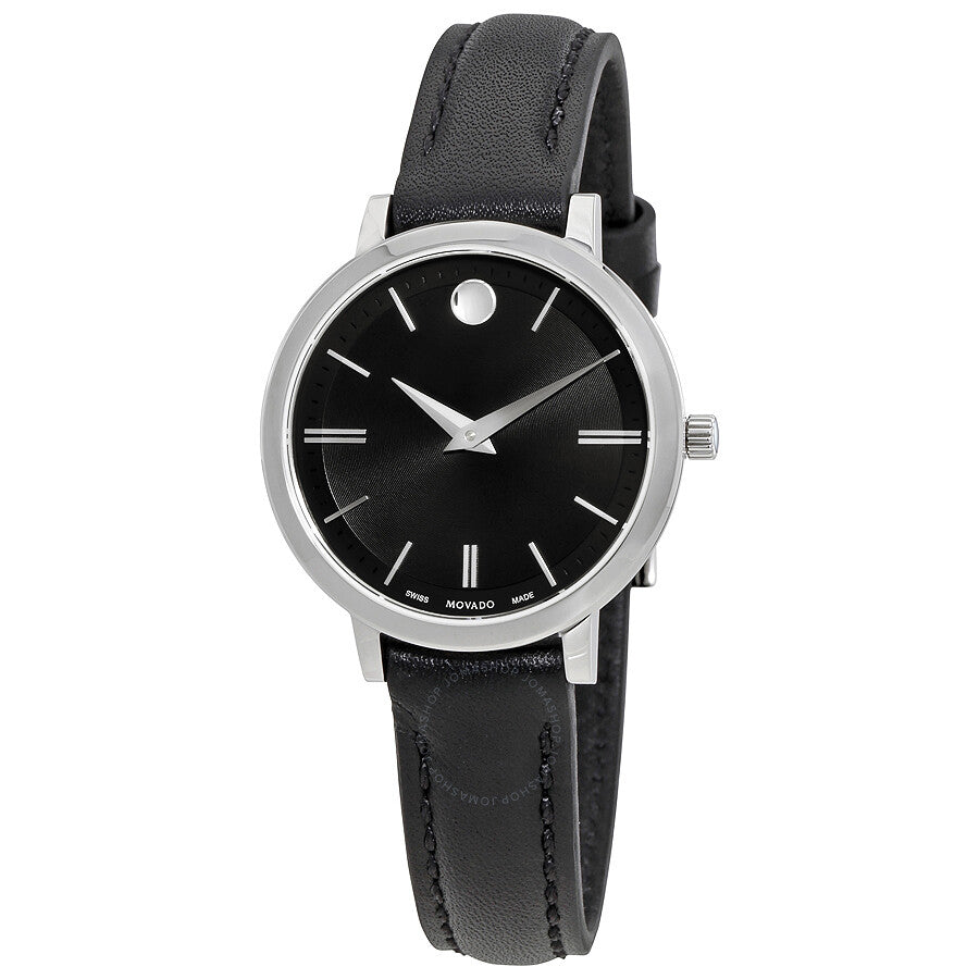  Shop Authentic Movado Ultra Slim Black Dial Black Leather Strap Watch For Women - 0607094 - Luxxuri