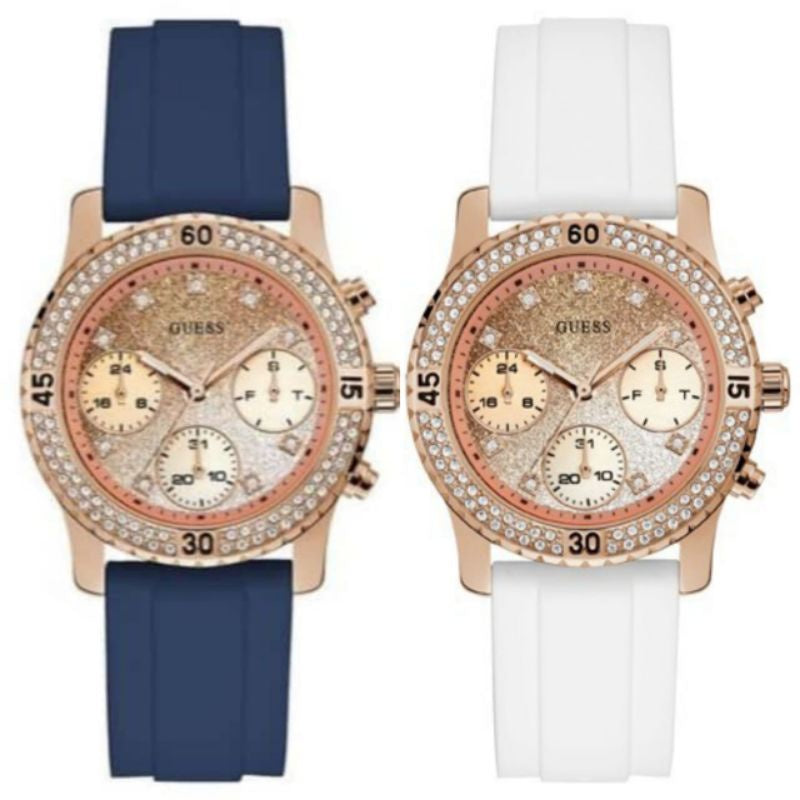  Shop Authentic Guess Confetti Diamonds Gold Dial Blue Rubber Strap Watch For Women - W1098L6 - Luxxuri