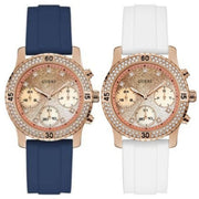  Shop Authentic Guess Confetti Diamonds Gold Dial Blue Rubber Strap Watch For Women - W1098L6 - Luxxuri