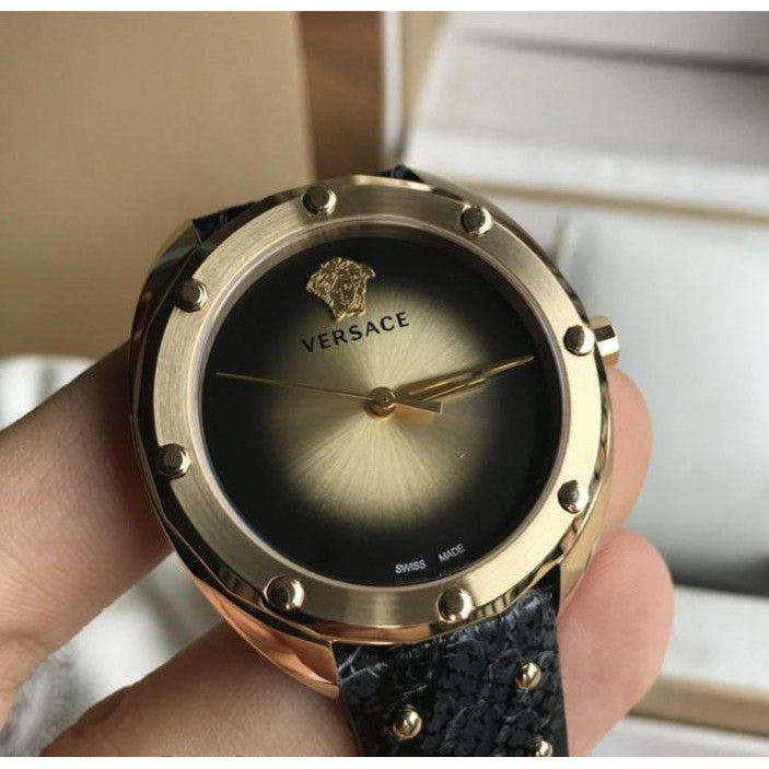  Shop Authentic Versace Shadov Gold Dial Green Leather Strap Watch For Women - VEBM01018 - Luxxuri