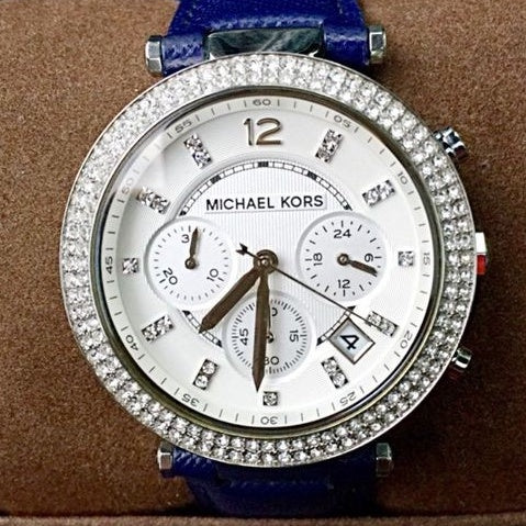  Shop Authentic Michael Kors Parker White Dial Navy Blue Leather Strap Watch for Women - MK2293 - Luxxuri