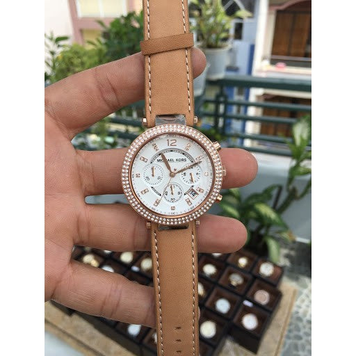  Shop Authentic Michael Kors Parker Chronograph White Dial Tan Leather Strap Watch for Women - MK5633 - Luxxuri