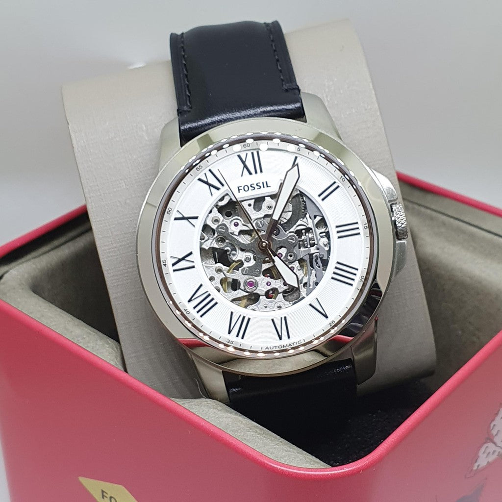 Shop Authentic Fossil Grant Automatic Skeleton White Dial Black Leather Strap Watch for Men - ME3101 - Luxxuri