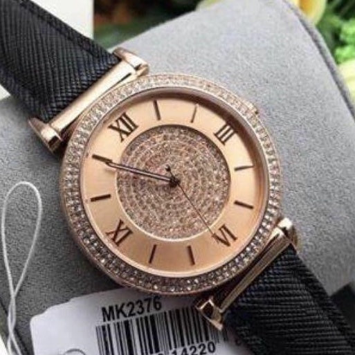  Shop Authentic Michael Kors Catlin Rose Gold Crystal Dial Black Leather Strap Watch for Women - MK2376 - Luxxuri