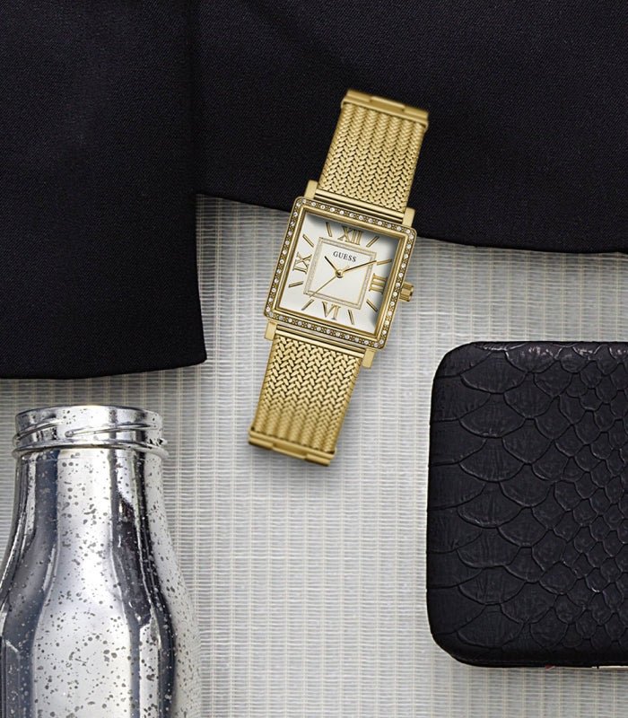  Shop Authentic Guess White Dial Gold Mesh Bracelet Watch For Women - W0826L2 - Luxxuri