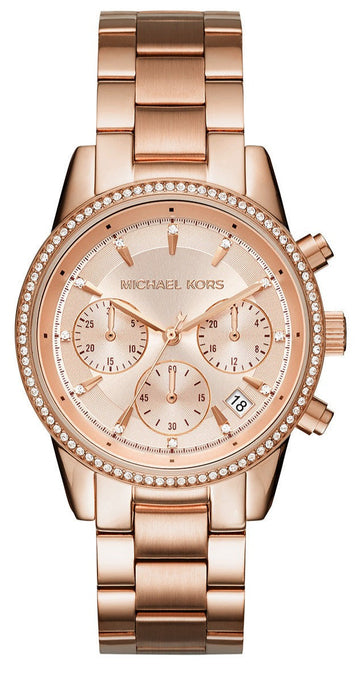  Shop Authentic Michael Kors Ritz Chronograph Rose Gold Dial Rose Gold Steel Strap Watch for Women - MK6357 - Luxxuri