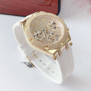  Shop Authentic Guess Heiress Diamonds Gold Dial White Rubber Strap Watch for Women - GW0407L2 - Luxxuri