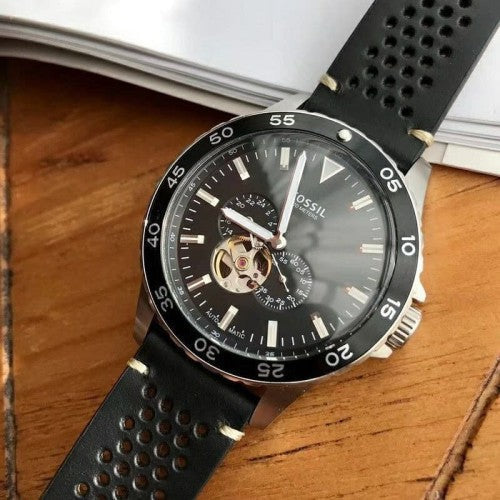  Shop Authentic Fossil Crewmaster Sports Automatic Black Dial Black Leather Strap Watch for Men - ME3148 - Luxxuri