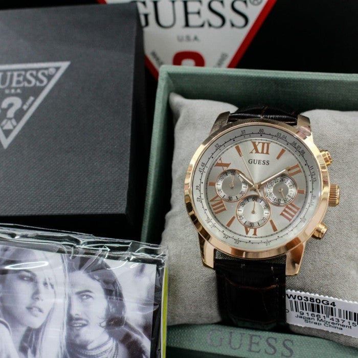  Shop Authentic Guess Horizon Quartz Champagne Dial Brown Leather Strap Watch For Women - W0380G4 - Luxxuri
