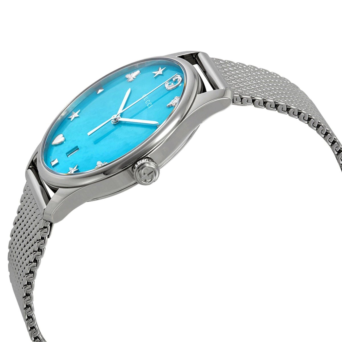  Shop Authentic Gucci G-Timeless Turquiose Mother of Pearl Dial Silver Mesh Bracelet Watch For Women - YA1264039 - Luxxuri