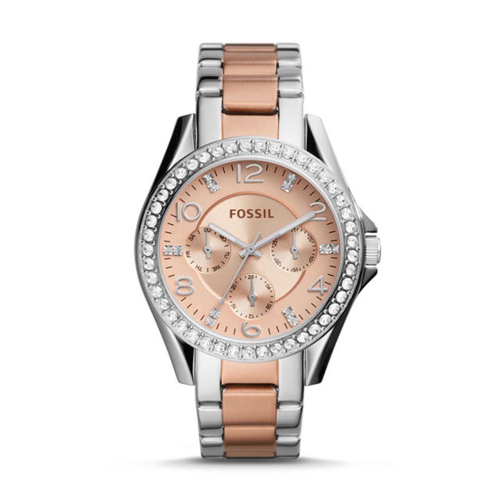  Shop Authentic Fossil Riley Multifunction Rose Gold Dial Two Tone Steel Strap Watch for Women - ES4145 - Luxxuri