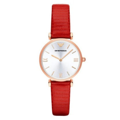  Shop Authentic Emporio Armani Gianni T Bar Silver Dial Red Leather Strap Watch For Women - AR1876 - Luxxuri