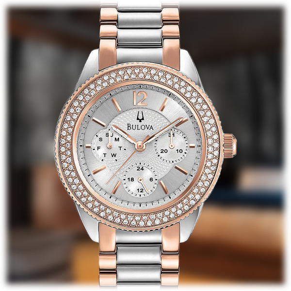  Shop Authentic Bulova Crystal Collection Silver Dial Two Tone Steel Strap Watch for Women - 98N100 - Luxxuri