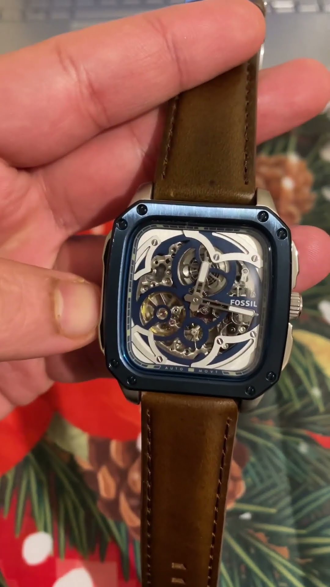  Shop Authentic Fossil Inscription Automatic Skeleton Blue Dial Brown Leather Strap Watch for Men - BQ2571 - Luxxuri