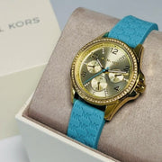  Shop Authentic Michael Kors Mini Pilot Quartz Gold Dial Blue Silicone Strap Watch For Women - MK7374 - Luxxuri