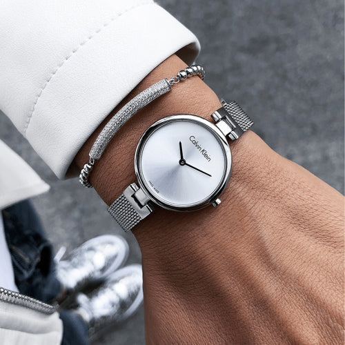  Shop Authentic Calvin Klein Authentic White Dial Silver Mesh Bracelet Watch for Women - K8G23126 - Luxxuri