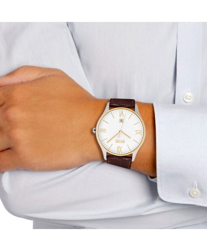  Shop Authentic Hugo Boss Classic White Dial Brown Leather Strap Watch for Men - 1513486 - Luxxuri