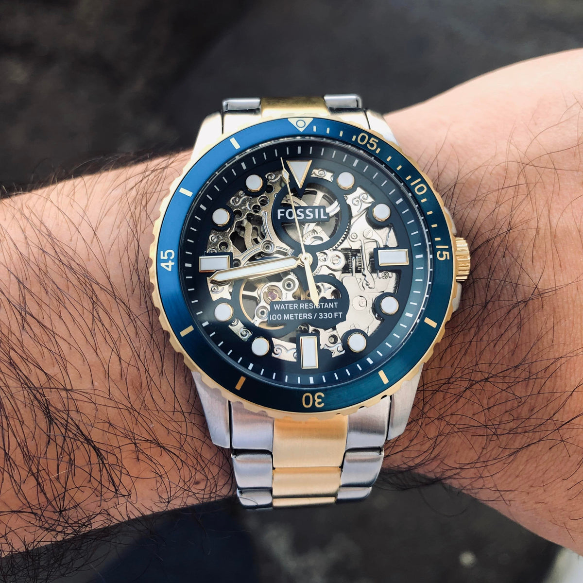  Shop Authentic Fossil FB-01 Automatic Skeleton Blue Dial Two Tone Steel Strap Watch for Men - ME3191 - Luxxuri