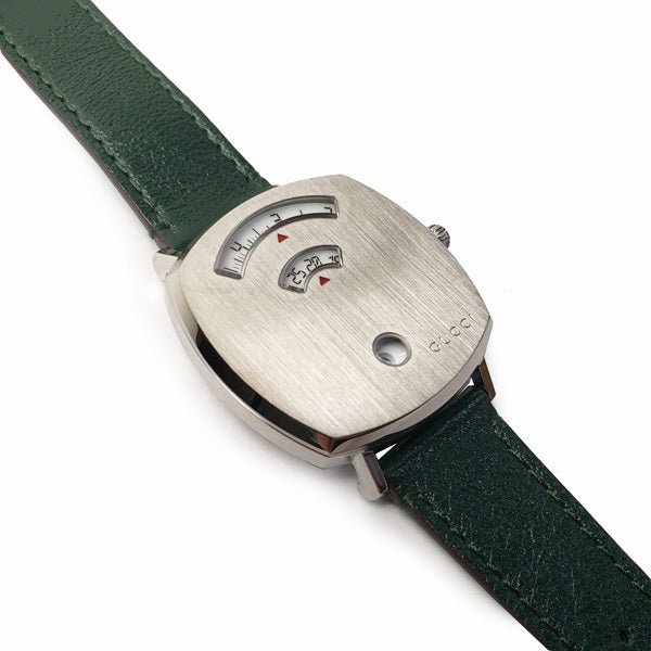  Shop Authentic Gucci Grip Quartz Silver Dial Green Leather Strap Unisex Watch - YA157406 - Luxxuri