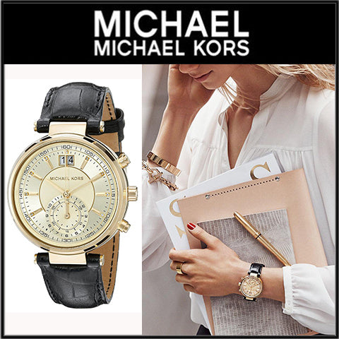  Shop Authentic Michael Kors Sawyer Champagne Dial Black Leather Strap Watch for Women - MK2433 - Luxxuri
