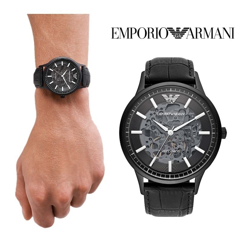  Shop Authentic Emporio Armani Meccanico Automatic Black Dial Black Leather Strap Watch For Men - AR60042 - Luxxuri