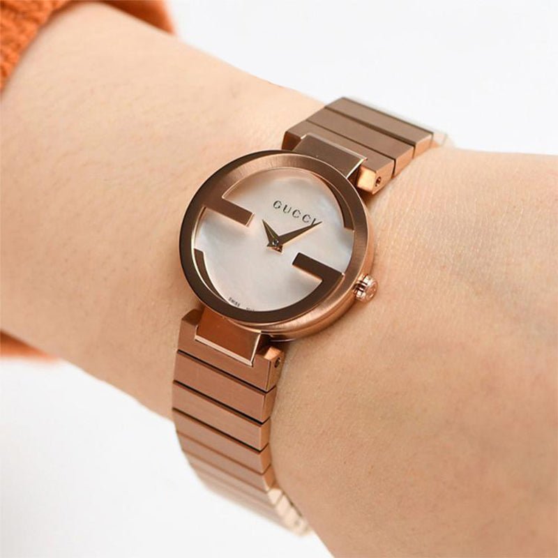  Shop Authentic Gucci G Interlocking Mother of Pearl Dial Rose Gold Steel Strap Watch For Women - YA133515 - Luxxuri