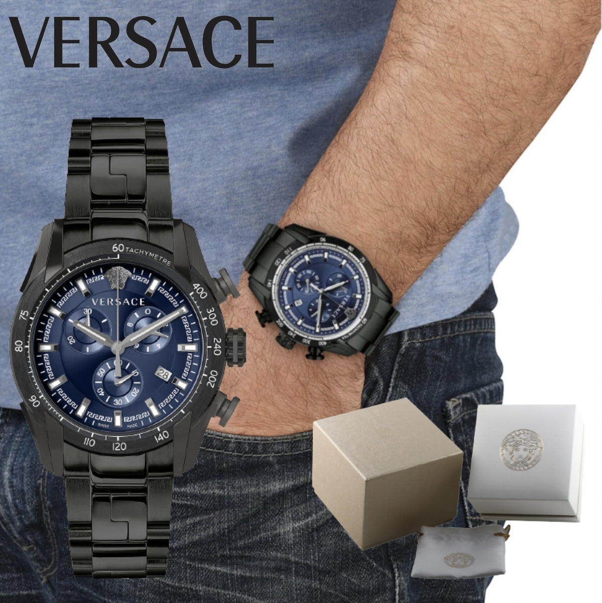  Shop Authentic Versace V-Ray Chronograph Quartz Blue Dial Black Leather Strap Watch For Men - VEDB00418 - Luxxuri