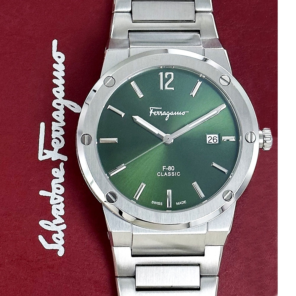  Shop Authentic Salvatore Ferragamo F-80 Classic Green Dial Silver Steel Strap Watch for Men - SFDT02123 - Luxxuri
