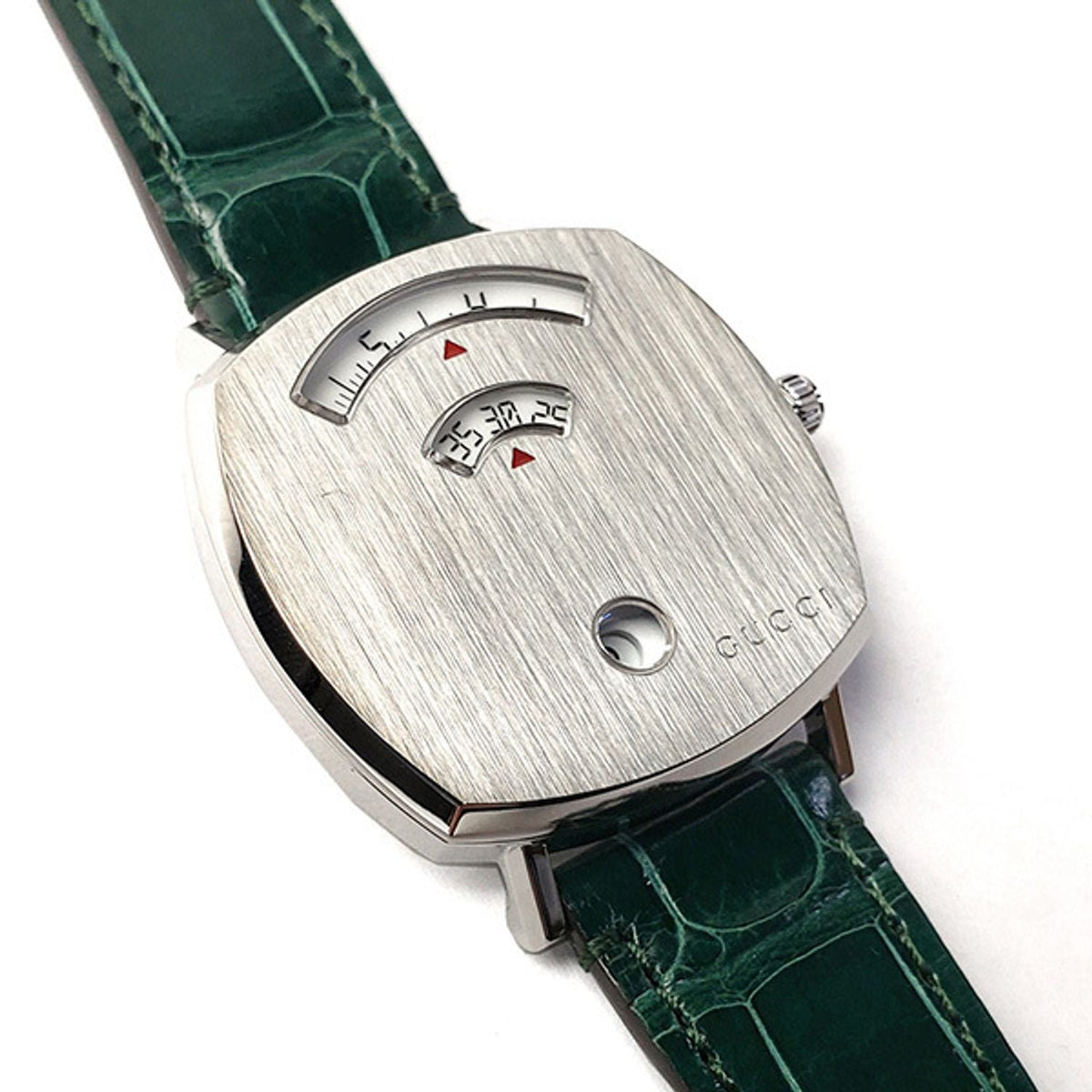  Shop Authentic Gucci Grip Quartz Silver Dial Green Leather Strap Watch For Women - YA157404 - Luxxuri
