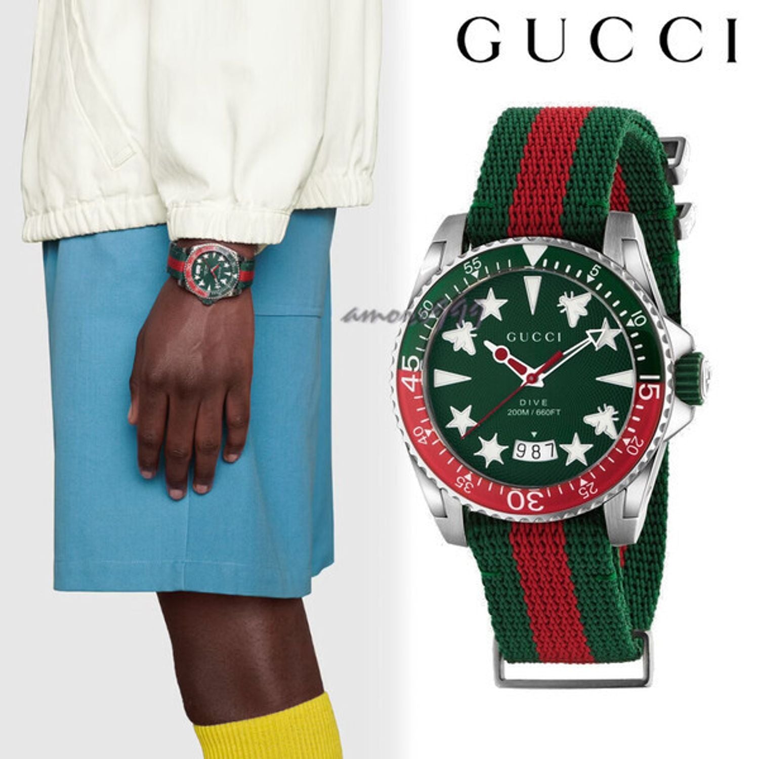  Shop Authentic Gucci Dive Quartz Green Dial Two Tone NATO Strap Watch For Men - YA136339 - Luxxuri