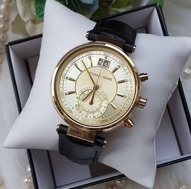  Shop Authentic Michael Kors Sawyer Champagne Dial Black Leather Strap Watch for Women - MK2433 - Luxxuri
