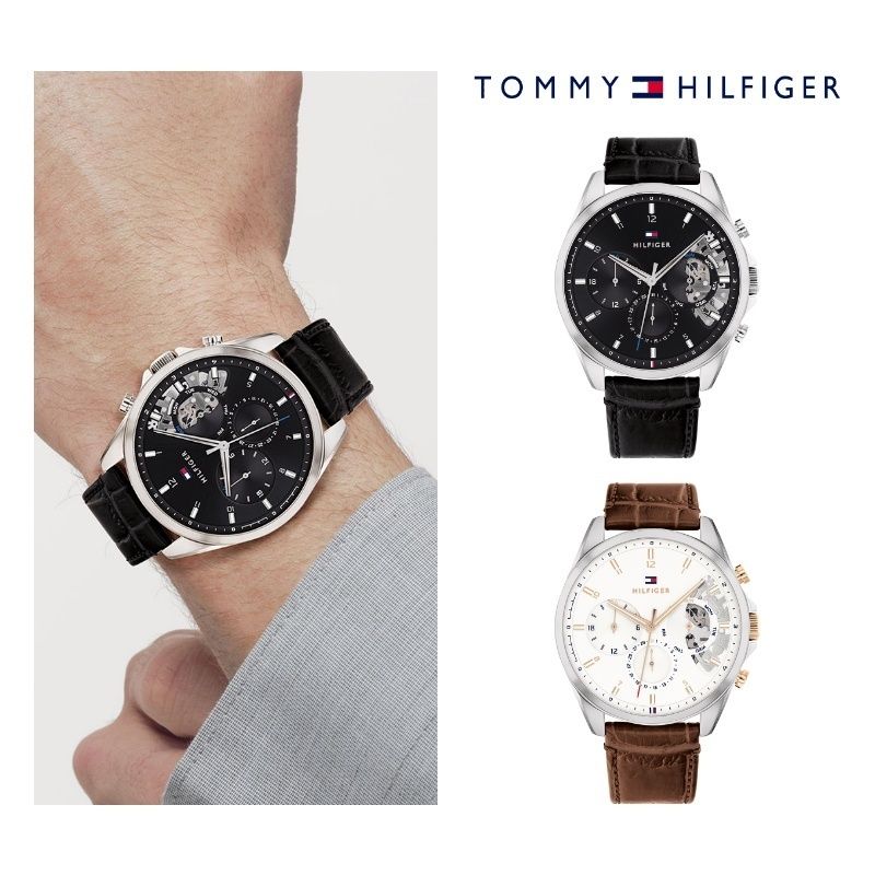  Shop Authentic Tommy Hilfiger Baker Chronograph Black Dial Black Leather Strap Watch For Men - 1710449 - Luxxuri