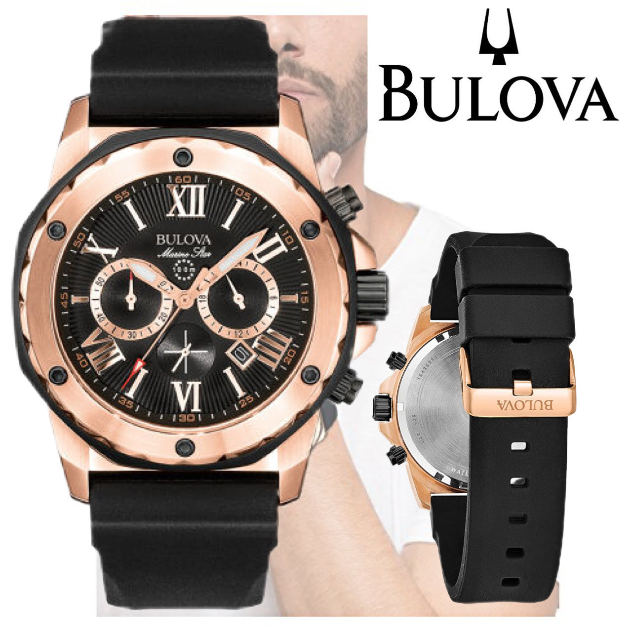  Shop Authentic Bulova Marine Star Chronograph Black Dial Black Rubber Strap Watch for Men - 98B104 - Luxxuri