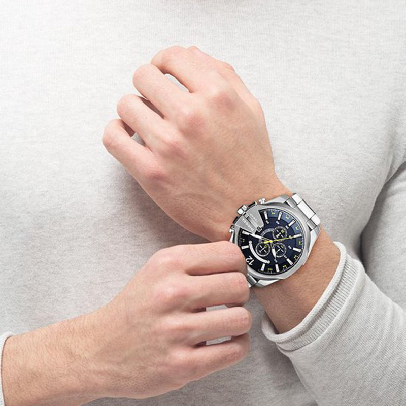  Shop Authentic Diesel Mega Chief Chronograph Blue Dial Silver Steel Strap Watch For Men - DZ4465 - Luxxuri