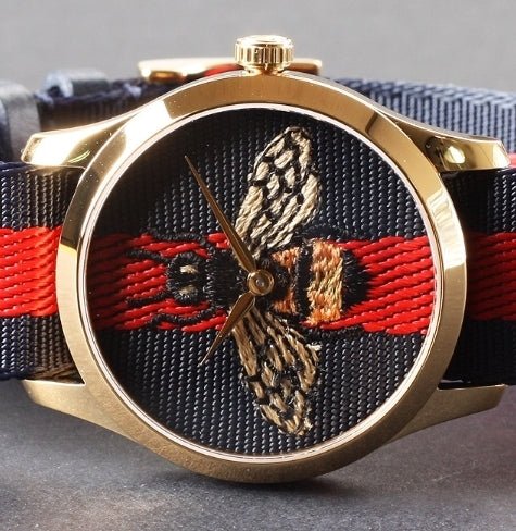  Shop Authentic Gucci G Timeless Bee Red & Blue Dial Red Two Tone Nylon Strap Watch For Men - YA1264061 - Luxxuri