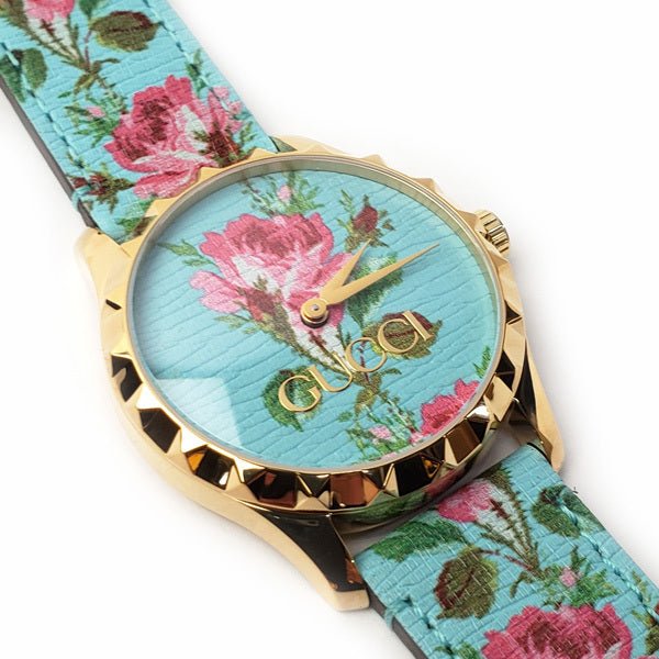  Shop Authentic Gucci G Timeless Floral Turquoise Dial Turquoise Leather Strap Watch For Women - YA1264085 - Luxxuri
