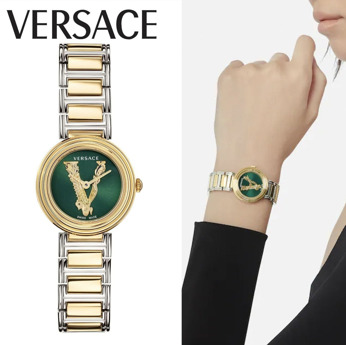  Shop Authentic Versace Virtus Quartz Green Dial Two Tone Steel Strap Watch For Women - VET300821 - Luxxuri