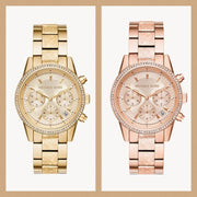  Shop Authentic Michael Kors Ritz Chronograph Gold Dial Gold Steel Strap Watch For Women - MK6597 - Luxxuri