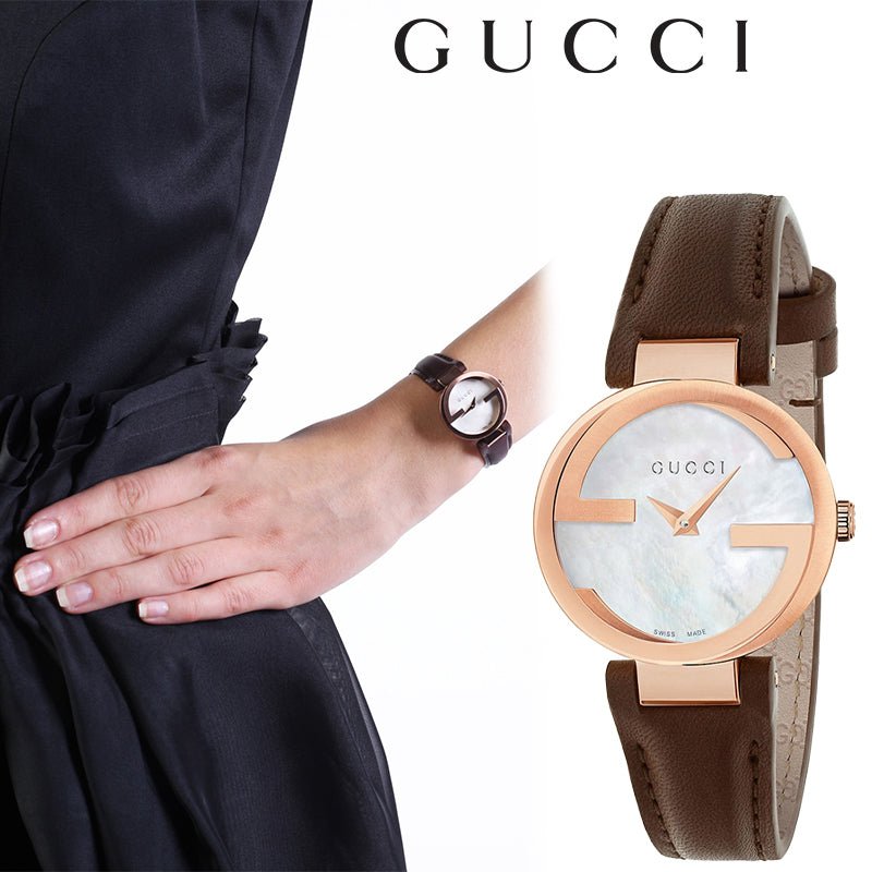  Shop Authentic Gucci G Interlocking Mother of Pearl Dial Brown Leather Strap Watch For Women - YA133516 - Luxxuri