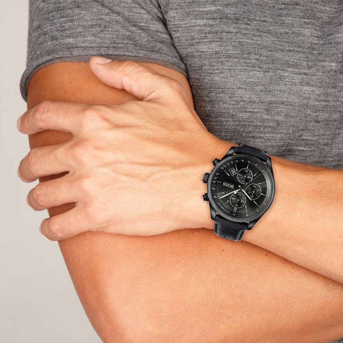  Shop Authentic Hugo Boss Grand Prix Black Dial Black Leather Strap Watch for Men - 1513474 - Luxxuri
