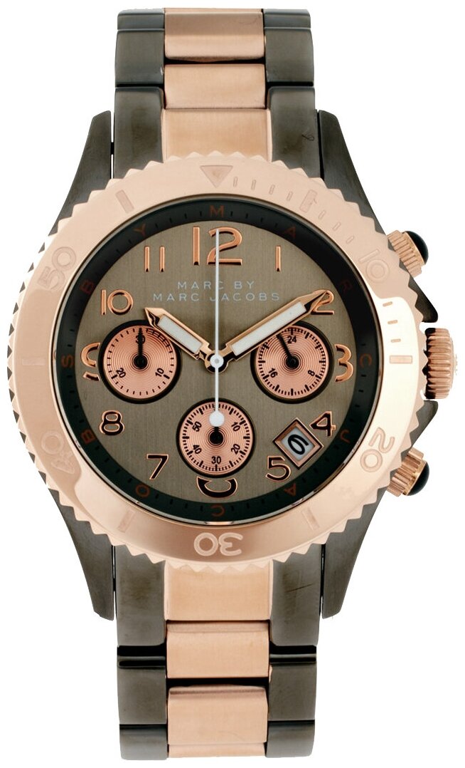  Shop Authentic Marc Jacobs Marc Chronograph Grey Dial Two Tone Steel Strap Watch for Men - MBM3157 - Luxxuri