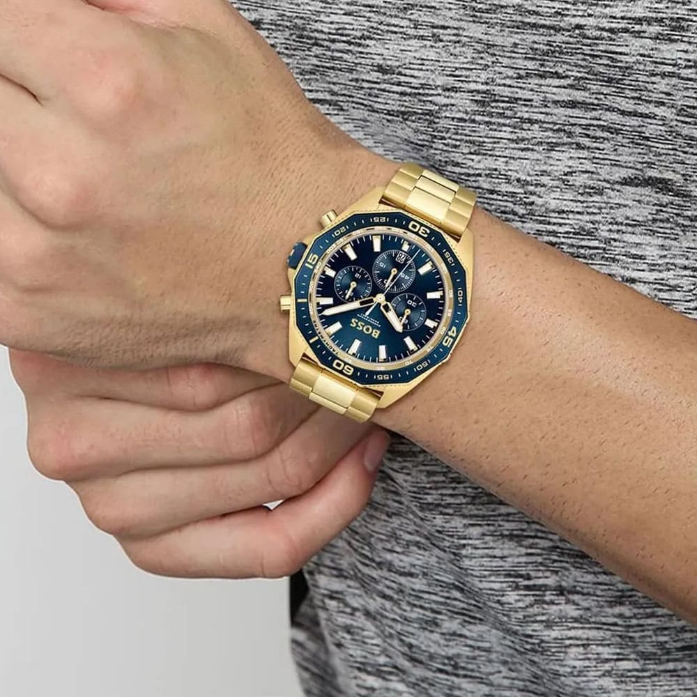  Shop Authentic Hugo Boss Energy Chronograph Blue Dial Gold Steel Strap Watch For Men - 1513973 - Luxxuri