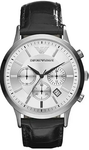 Emporio Armani Renato Chronograph Silver Dial Black Leather Strap Watch for Men - AR2436