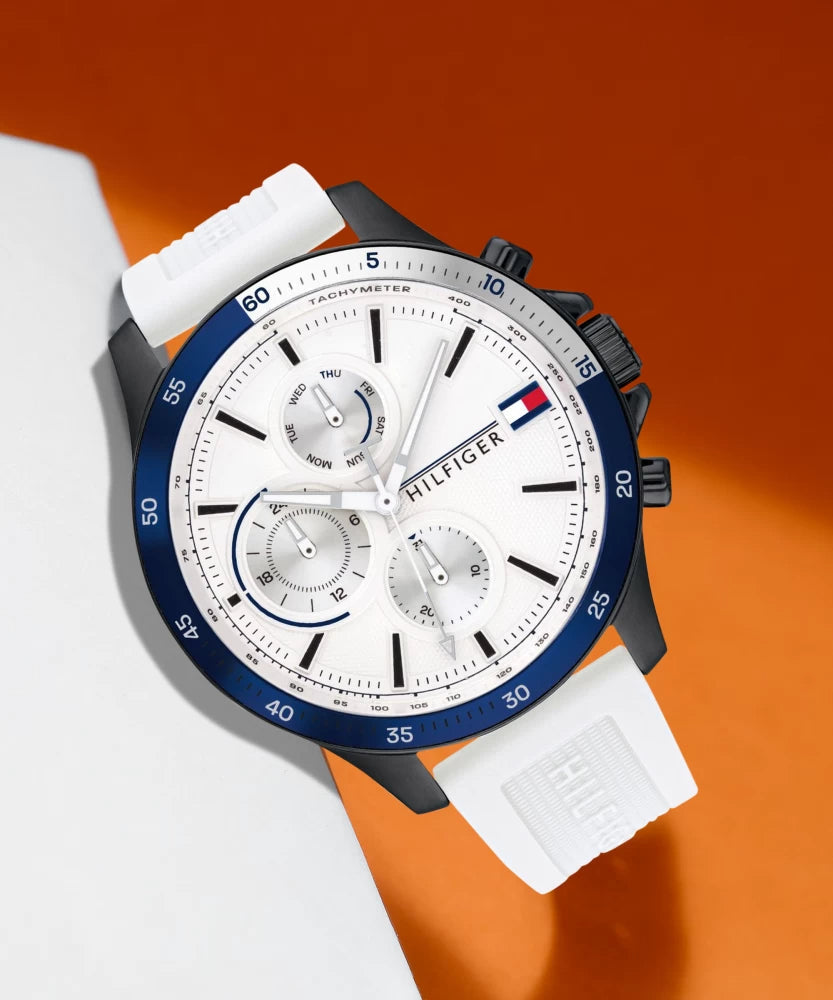  Shop Authentic Tommy Hilfiger Bank Chronograph White Dial White Rubber Strap Watch for Men - 1791723 - Luxxuri